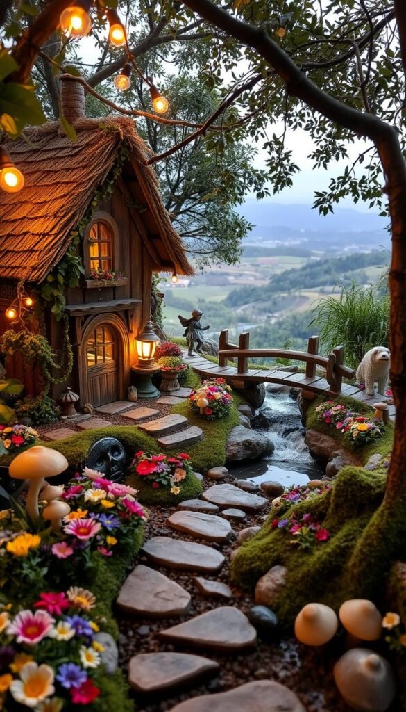 A cozy fairy garden home decor scene, with a charming cottage nestled among lush foliage and whimsical garden accents. The cottage features intricate wood carvings, trailing vines, and a thatched roof that blends seamlessly with the natural surroundings. In the foreground, a pathway winds through a colorful array of flowers, mushrooms, and miniature fairy-themed figurines. Ambient lighting filters through the canopy of trees, casting a warm, magical glow over the scene. The middle ground showcases a bubbling stream, with stepping stones and a quaint wooden bridge. In the background, rolling hills and a distant forest create a serene, enchanted backdrop. The overall composition evokes a sense of tranquility, wonder, and a touch of whimsy, perfectly capturing the essence of a fairy garden home decor.