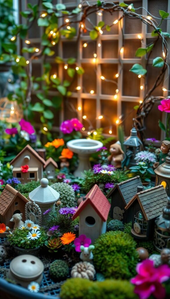 A cozy fairy garden scene with vibrant flowers, lush greenery, and whimsical accessories. In the foreground, an assortment of miniature fairy houses, figurines, and lanterns made of wood, ceramic, and metal. In the middle ground, an array of small plants, mosses, and a birdbath. In the background, a twisting vine-covered trellis and twinkling fairy lights cast a warm, enchanting glow over the tranquil setting. The image is captured with a shallow depth of field, creating a dreamlike atmosphere. The lighting is soft and diffuse, accentuating the delicate textures and colors of the materials and supplies.