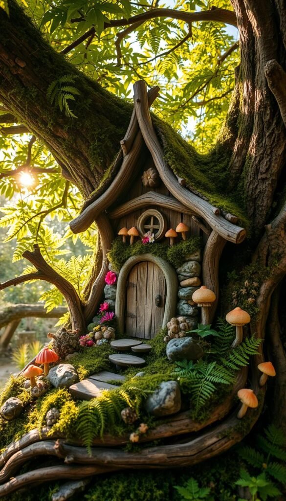 A cozy fairy house nestled among the natural elements of a lush, verdant tree. The structure is crafted from gnarled branches, mossy stones, and delicate flowers, blending seamlessly with its woodland surroundings. Sunlight filters through the canopy, casting a warm, magical glow upon the scene. Delicate ferns, vibrant mushrooms, and curious woodland creatures add to the enchanting ambiance. The fairy house stands as a whimsical and harmonious centerpiece, showcasing the beauty of incorporating natural elements into a fairy garden landscape.