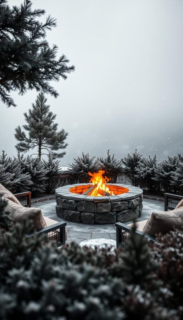 A cozy fire pit nestled in a lush winter garden, surrounded by frost-resistant evergreen foliage. The focal point is a circular fire pit made of rustic stone, with a warm orange glow radiating from the crackling flames within. In the middle ground, plush outdoor seating in neutral tones invites visitors to gather and enjoy the tranquil atmosphere. The background features a soft, hazy sky with delicate snowflakes drifting down, creating a serene and serene winter wonderland. Soft, diffused lighting casts a warm, intimate glow over the entire scene, evoking a sense of hygge and comfort.