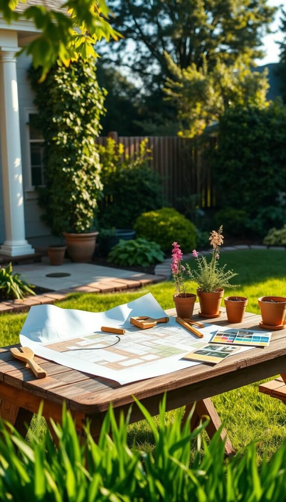 A cozy front yard in the afternoon sunlight, with a homeowner carefully examining a landscape design plan spread out on a wooden garden table. Vibrant green grass and lush foliage frame the scene, hinting at the potential for a stunning yard makeover. Wooden garden tools, flower pots, and samples of plants are neatly arranged, reflecting the homeowner's meticulous planning process. The atmosphere is one of thoughtful contemplation, as the homeowner envisions the transformation of their outdoor space. A sense of anticipation and creativity permeates the image, capturing the essence of planning a front yard garden makeover.