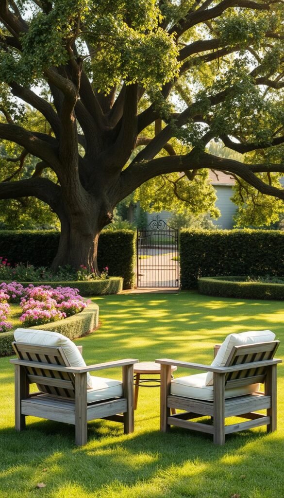 A cozy garden arrangement featuring a stylish outdoor loveseat and armchair set upon a lush, manicured lawn. The furniture, crafted from weathered wood and plush cushions, is arranged to face a backdrop of blooming flower beds and a neatly trimmed hedge. Dappled sunlight filters through the canopy of a towering oak tree, casting a warm, golden glow over the scene. In the distance, a wrought-iron garden gate hints at a picturesque pathway leading deeper into the verdant oasis. The overall atmosphere exudes an inviting, relaxed ambiance, perfect for enjoying the tranquility of the outdoor space.