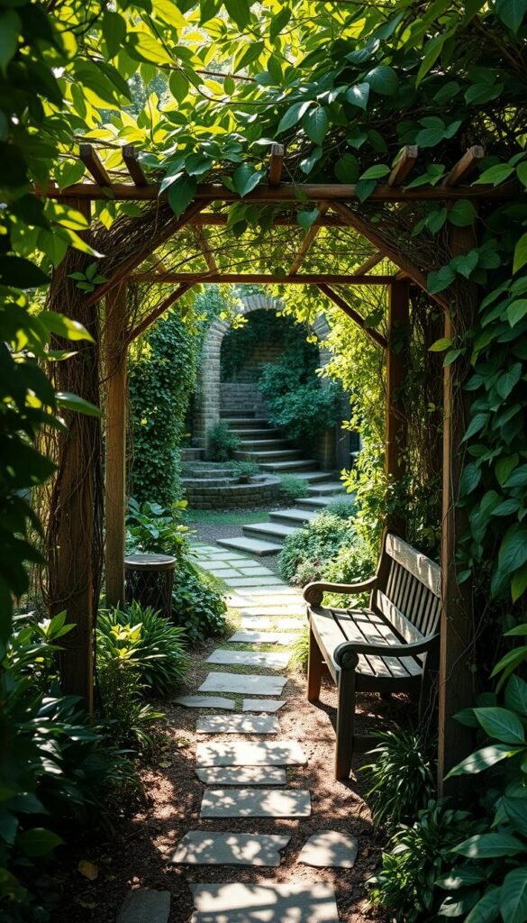 A cozy garden nook nestled amidst lush foliage, with a rustic wooden bench and a charming trellis adorned with cascading vines. Dappled sunlight filters through the leaves, casting a warm, intimate glow. In the background, a winding stone path leads to a hidden alcove, beckoning exploration. The scene exudes a sense of whimsy and enchantment, inviting the viewer to step into a serene, private oasis. A wide-angle lens captures the depth and composition, highlighting the layered textures and the harmonious blend of natural elements. The overall atmosphere evokes a sense of tranquility and retreat, perfectly embodying the "Secret Garden Aesthetic" and the design of hidden nooks for a magical retreat.