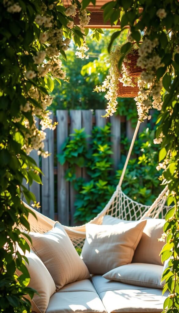 A cozy garden nook, sun-dappled and serene. Lush greenery frames a comfortable seating area, with plush cushions and an inviting hammock. Delicate blooms cascade from hanging baskets, casting a soft glow. In the background, a rustic wooden fence and verdant foliage create a sense of privacy and seclusion. The scene is illuminated by warm, natural lighting, casting gentle shadows and creating a tranquil, inviting atmosphere. A peaceful oasis, perfect for relaxation and quiet contemplation.