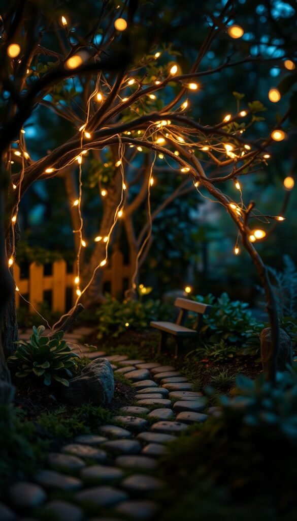 A cozy garden scene at dusk, with a delicate arrangement of string lights illuminating the area. The lights are draped elegantly across tree branches, gently cascading down to softly illuminate a cobblestone path below. The warm, ambient glow creates a serene and enchanting atmosphere, perfect for a magical miniature fairy scene. The camera captures the setup from a low angle, emphasizing the whimsical and inviting nature of the display. Soft, diffused lighting enhances the dreamy, fairytale-like quality of the image.
