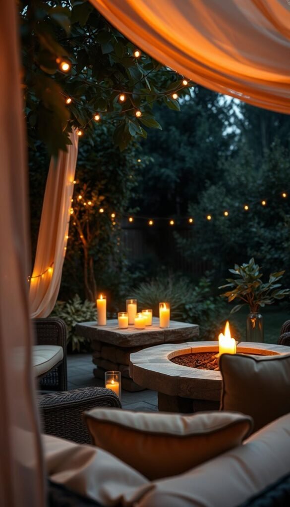 A cozy garden setting with a warm, inviting ambiance. Soft candlelight flickers, casting a golden glow across plush outdoor seating and a stone firepit. Delicate string lights twinkle overhead, their gentle illumination complementing the hazy, romantic atmosphere. In the background, lush foliage and flowing draperies create a sense of intimacy, while a wide-angle lens captures the entire scene, highlighting the harmonious interplay of light and shadow. The overall effect is one of tranquility and comfort, perfectly suited for a peaceful evening under the stars.