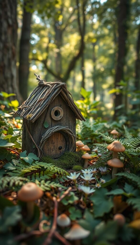 A cozy, handcrafted fairy house nestled among lush, verdant foliage. In the foreground, a charming miniature dwelling with intricate bark siding, a delicate twig-woven roof, and a whimsical mushroom-cap doorway. Trailing vines and mossy accents add a touch of enchantment. The middle ground features a vibrant arrangement of ferns, wildflowers, and delicate mushrooms, casting a soft, natural glow. In the background, a serene woodland scene with dappled sunlight filtering through the canopy of trees, creating a magical, ethereal atmosphere. Subtle, warm lighting illuminates the scene, highlighting the rustic, organic textures and the DIY craftsmanship of the fairy house.