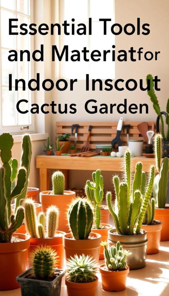 A cozy indoor cactus garden setup, bathed in warm, natural lighting filtering through large windows. In the foreground, an assortment of thriving cacti and succulents of varying shapes and sizes, each planted in sleek, minimalist terracotta pots. The middle ground showcases a simple, wooden potting bench adorned with gardening tools and supplies, while the background features a clean, neutral-toned wall, creating a serene, spa-like ambiance. The overall composition evokes a sense of tranquility and brings the essence of the desert indoors, perfectly capturing the "Essential Tools and Materials for Your Indoor Cactus Garden".