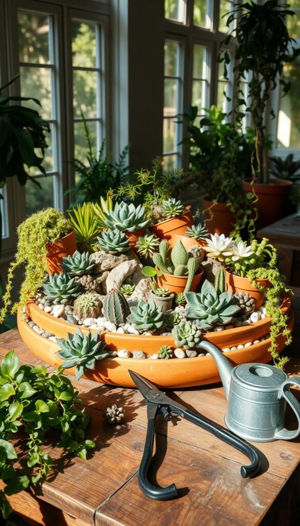 A cozy indoor dish garden bursting with lush succulents, cacti, and trailing plants. The scene is bathed in warm, natural light filtering through large windows, casting soft shadows on the terracotta pots and decorative pebbles below. A pair of pruning shears and a small watering can rest on a rustic wooden table, hinting at the meticulous care required to maintain this low-maintenance yet vibrant display. The composition is balanced, with the plants filling the frame without feeling crowded, inviting the viewer to admire the intricate details of each unique specimen. An air of tranquility and mindfulness pervades the scene, perfectly capturing the essence of caring for an indoor dish garden.