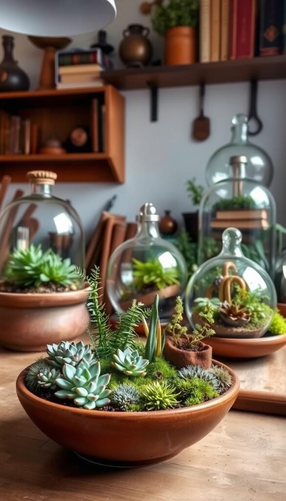 A cozy indoor dish garden showcasing the history and evolution of this charming horticultural practice. In the foreground, an artfully arranged display of succulents, ferns, and mosses thrives in a shallow ceramic bowl, the natural textures and colors creating a serene, earthy ambiance. The middle ground features a few vintage glass terrariums, their curved silhouettes reflecting the light and casting mesmerizing shadows. In the background, a wall-mounted wooden shelf displays an assortment of antique gardening tools and books, hinting at the rich tradition and enduring appeal of indoor dish gardens. Soft, diffused lighting from overhead casts a warm, welcoming glow, evoking a sense of timelessness and a connection to the natural world.