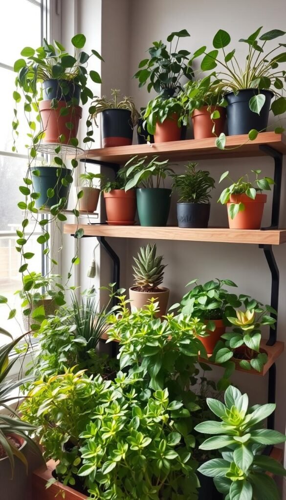 A cozy indoor garden with various potted plants arranged on wooden shelves, set against a bright, airy window. The foreground features a mix of lush, thriving foliage, including trailing vines, compact succulents, and leafy greens. The middle ground showcases strategically placed containers of different shapes and sizes, utilizing vertical space efficiently. The background reveals a tranquil, softly-lit interior, hinting at the ideal low-light conditions for this container garden oasis. The overall composition exudes a sense of harmony, highlighting smart planting techniques and clever container placement to create a visually appealing and functional indoor green space.