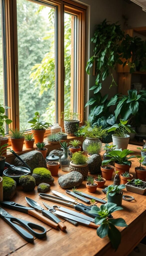 A cozy indoor gardening workspace bathed in warm, natural light. A large window provides a verdant backdrop, revealing lush greenery and a glimpse of the outdoors. In the foreground, a sturdy wooden workbench holds an array of carefully curated gardening tools, including pruning shears, trowels, and small terracotta pots. Terrariums, moss-covered rocks, and an assortment of potted plants populate the surface, creating an inviting and inspiring workspace for the urban horticulturist. The overall atmosphere is one of tranquility and creativity, setting the stage for the intricate layering of dish garden designs.