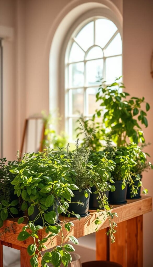 A cozy indoor herb garden bathed in warm, natural light. In the foreground, lush potted herbs like basil, thyme, and rosemary sit on a rustic wooden shelving unit. The middle ground features a large, arched window with a soft, diffused glow illuminating the plants. The background showcases a minimalist, Scandinavian-inspired room with white walls and natural wood accents. Soft shadows and highlights create a serene, inviting atmosphere, emphasizing the optimal lighting conditions for thriving indoor herbs.