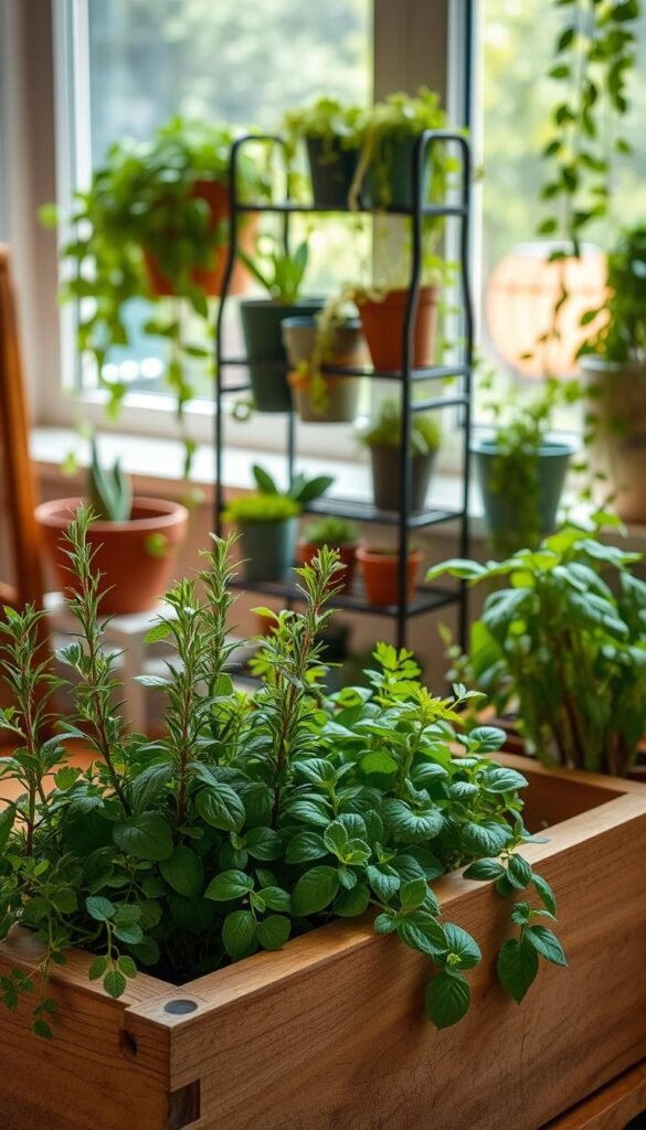 A cozy indoor herb garden with a warm, inviting atmosphere. In the foreground, a wooden planter box filled with thriving rosemary, basil, and oregano plants, their lush green leaves casting soft shadows. In the middle ground, a small metal shelving unit displays an assortment of potted succulents and trailing vines, creating a layered, textural display. The background features a large window, allowing natural light to flood the space and highlighting the verdant greenery. The overall scene is captured with a slightly tilted, wide-angle lens, emphasizing the sense of coziness and creating a harmonious, balanced composition. Soft, ambient lighting casts a gentle glow, evoking a serene, tranquil mood perfect for a cozy indoor herb garden.