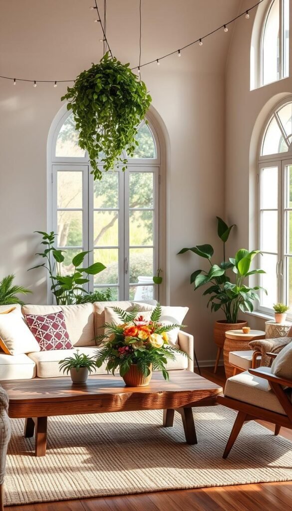 A cozy living room bathed in soft, natural light, with lush, verdant potted plants and a vibrant floral arrangement adorning a rustic wooden coffee table. Plush throw pillows in pastel hues and a textured, earthy area rug create a warm, inviting ambiance. Tall, arched windows frame a serene view of a tranquil garden outside, while a mid-century modern sofa and armchair provide comfortable seating. Delicate string lights twinkle overhead, adding a touch of whimsy to the seasonal, nature-inspired decor.