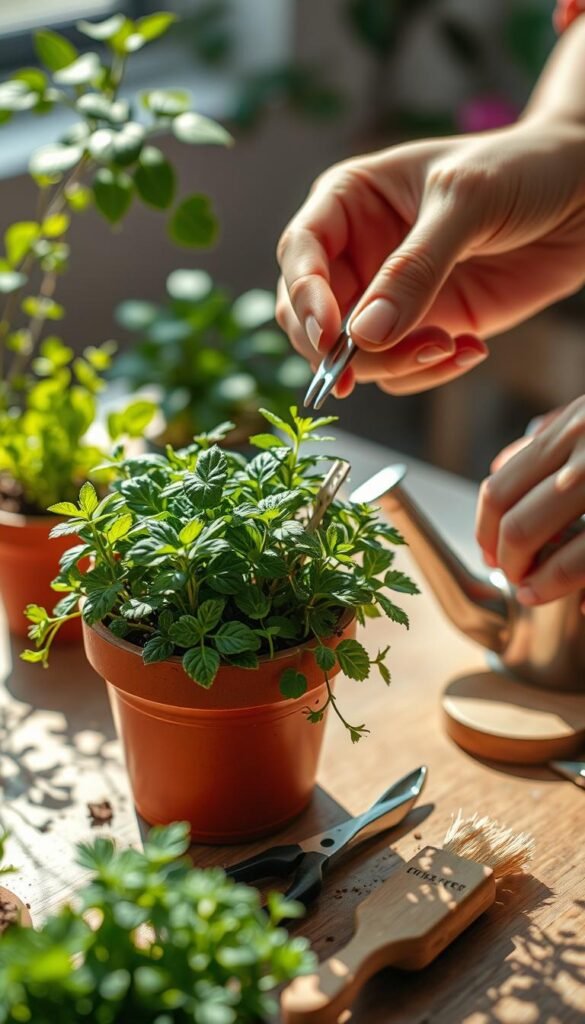 A cozy mini garden with detailed maintenance techniques. In the foreground, a gardener's hands delicately tending to lush, vibrant plants in a terracotta pot. The middle ground showcases an array of miniature gardening tools, including pruning shears, a small watering can, and a soft-bristle brush. The background features a sun-dappled tabletop, with soft natural lighting highlighting the tranquil, serene atmosphere. The overall composition conveys a sense of care, attention, and the rewarding experience of nurturing a thriving mini garden.