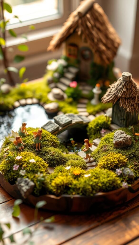 A cozy, miniature fairy garden nestled on a wooden tabletop, bathed in soft, warm lighting. In the foreground, delicate fairy figurines tend to a lush, verdant landscape filled with tiny flowers, mosses, and a winding path. The middle ground showcases a serene pond with a stone bridge, while the background features a whimsical, thatched-roof fairy house peeking through the greenery. The scene exudes a sense of tranquility and enchantment, highlighting the benefits of creating your own miniature fairy garden: a peaceful sanctuary, a connection to nature, and a touch of magic in the everyday.