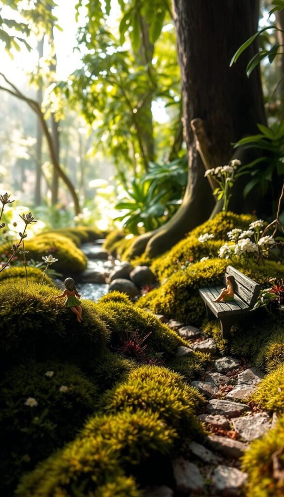 A cozy miniature garden nestled within a verdant oasis, bathed in the warm glow of natural light. In the foreground, an intricate pathway winds through a tapestry of lush mosses and tiny flowering plants, inviting exploration. Delicate fairy figurines perch on weathered wooden benches, their whimsical presence adding to the sense of enchantment. In the middle ground, a babbling brook traverses the scene, its gentle murmurs creating a soothing soundtrack. Towering trees and vibrant foliage frame the backdrop, their dappled shadows casting a dreamlike ambiance. The overall atmosphere exudes a sense of tranquility and wonder, transporting the viewer to a magical realm of miniature landscapes.
