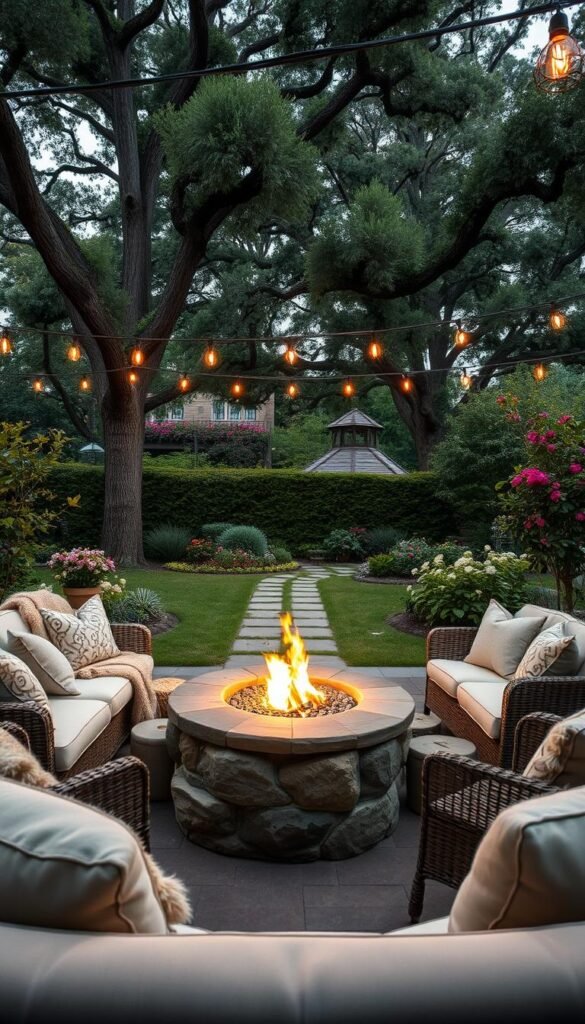 A cozy outdoor living space, with a plush sectional sofa adorned with soft throws and fluffy pillows. In the center, a stone firepit casts a warm, flickering glow, surrounded by wicker armchairs. Overhead, string lights twinkle, creating a magical ambiance. In the background, a lush garden with towering trees and vibrant blooms frames the scene, lending a sense of tranquility. The composition is shot from a low angle, capturing the inviting atmosphere and showcasing the harmonious blend of natural and man-made elements. The overall mood is one of comfort, relaxation, and a connection to the great outdoors.