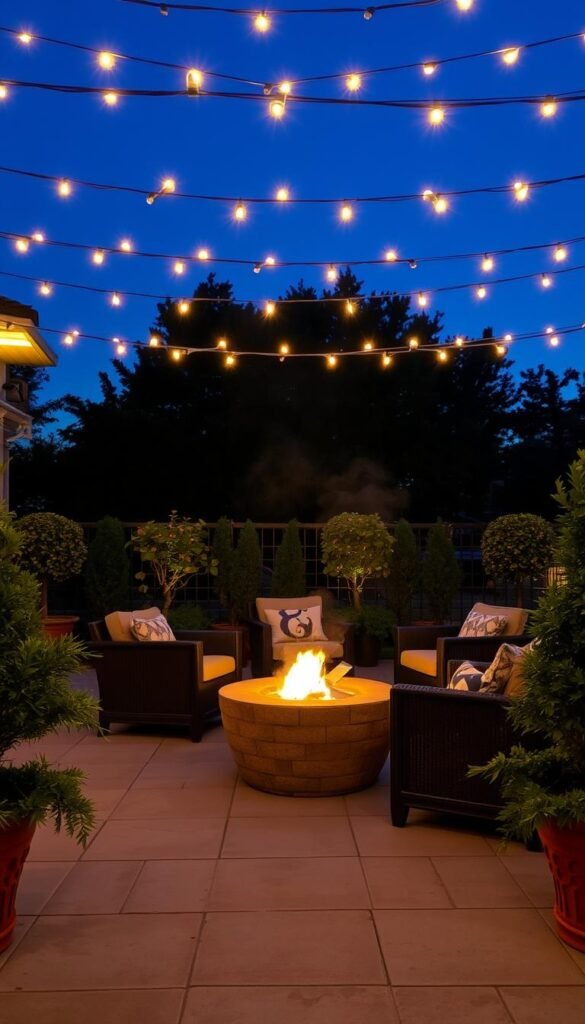 A cozy outdoor patio scene at dusk, illuminated by a crackling fire pit in the foreground, surrounded by comfortable seating. Overhead, a canopy of delicate string lights casts a warm, intimate glow, creating a serene and inviting ambiance. The patio is paved with smooth natural stone, and lush, well-manicured potted plants and greenery line the perimeter, framing the scene. A slight haze from the fire pit adds to the tranquil, relaxing atmosphere, as if inviting guests to unwind and enjoy the peaceful setting.
