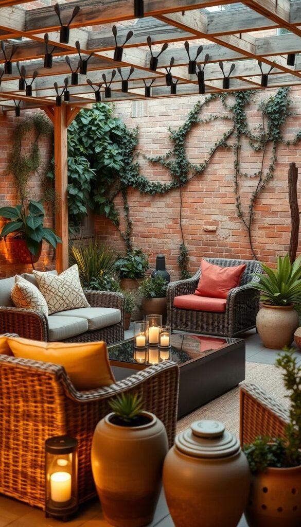 A cozy outdoor sanctuary with a versatile patio featuring a mix of textured elements. In the foreground, a plush loveseat and matching armchair crafted from natural wicker, accented with plush, colorful cushions. In the middle ground, a sleek, minimalist coffee table with a glass top reflects the warm lighting from nearby lanterns. Surrounding the seating area, a variety of potted plants in earthy ceramic containers add a touch of greenery, while a weathered wooden pergola casts gentle shadows overhead. The background showcases a brick wall with climbing vines, creating a sense of privacy and enclosure. The scene is illuminated by a soft, warm glow, evoking a tranquil and inviting atmosphere.