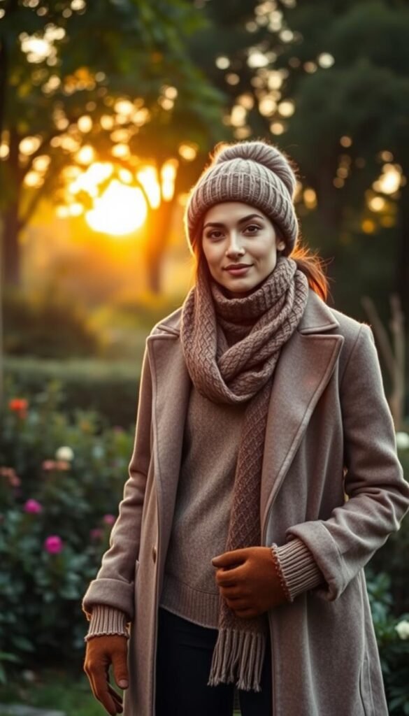 A cozy outdoor scene with a layered outfit for optimal comfort and style. In the foreground, a model stands in a lush garden, wearing a tailored wool coat over a lightweight sweater and form-fitting base layers. The middle ground features a variety of textures - a knitted scarf, gloves, and a fleece-lined hat - all in complementary earth tones. In the background, the warm glow of the setting sun filters through the trees, casting a golden hue on the scene. The lighting is soft and diffused, creating a sense of tranquility and relaxation. The camera angle is slightly elevated, providing a clean, unobstructed view of the layered ensemble. The overall mood is one of practical elegance, showcasing how strategic layering can enhance both comfort and style for outdoor activities.