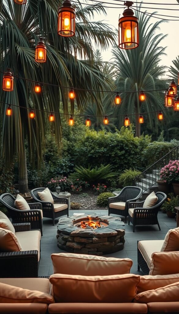 A cozy outdoor seating area bathed in warm golden light from multiple lanterns and string lights. In the foreground, a comfortable lounge seating arrangement with plush cushions and pillows in neutral tones. In the middle ground, a low stone firepit surrounded by four wicker chairs with soft, inviting upholstery. The background features a lush, verdant garden with tall, swaying trees and blooming flowers, creating a peaceful, secluded ambiance. The entire scene is captured with a wide-angle lens to showcase the cohesive, inviting layout of the space.