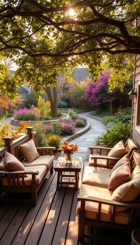 A cozy outdoor seating area nestled in a lush garden, with a rustic wooden deck and a collection of comfortable, weathered furniture. Sunlight filters through the canopy of overhanging trees, casting a warm, golden glow over the scene. Plush cushions in earthy tones invite guests to relax and unwind, while a small table in the center holds a vase of fresh-cut flowers. In the background, a stone pathway meanders through a vibrant array of blooming plants and shrubs, creating a serene and inviting atmosphere perfect for casual gatherings or quiet moments of contemplation.