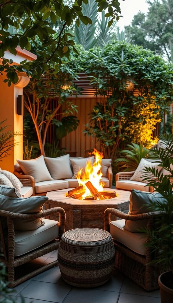 A cozy outdoor seating arrangement, centered around a roaring firepit. Soft, plush cushions in neutral tones invite guests to sink in and relax, while a mix of natural wood and woven textures add warmth. Ambient lighting casts a golden glow, highlighting the flickering flames and creating a serene, inviting atmosphere. The scene is set against a backdrop of lush, verdant foliage, blurring the boundaries between indoor and outdoor living. A sense of peaceful tranquility pervades the space, evoking the essence of a cozy garden aesthetic.