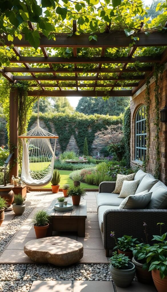 A cozy outdoor seating arrangement in a lush garden patio. In the foreground, a plush sectional sofa with soft cushions and a hammock chair inviting relaxation. Surrounding the seating, an assortment of potted plants, pebbled pathways, and a rustic wooden coffee table. In the middle ground, a pergola with cascading vines casts a warm, dappled light across the scene. In the background, a stone wall with trailing ivy and a glimpse of a verdant garden beyond. The atmosphere is one of tranquil comfort, perfect for an afternoon of al fresco leisure.