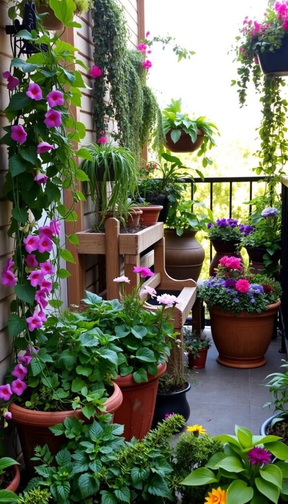 A cozy patio or balcony, adorned with an array of vibrant container gardens. In the foreground, a variety of lush potted plants - trailing vines, blooming flowers, and verdant foliage - arranged in a harmonious composition. The middle ground features wooden planters and ornamental pots, their surfaces weathered by time, offering a rustic charm. In the background, a gentle natural light filters through, casting a warm, inviting glow over the scene. The overall atmosphere exudes a sense of tranquility and thoughtful planning, inviting the viewer to envision their own container garden oasis.