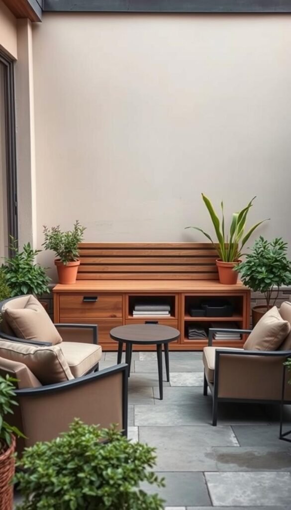 A cozy patio with a mix of comfortable seating options and discreet storage solutions. In the foreground, a pair of plush, outdoor armchairs with a small end table nestled between them, creating an intimate conversation area. The middle ground features a sleek, wooden bench with built-in storage compartments, providing a practical place to stash cushions, gardening tools, or other patio essentials. Lush, potted plants flank the bench, adding a touch of greenery. The background showcases a smooth, stone-tiled patio, with a warm, natural lighting that casts a soft, inviting glow over the entire scene. The overall atmosphere is one of functional simplicity and relaxed elegance, perfect for a small, urban garden or a compact outdoor living space.