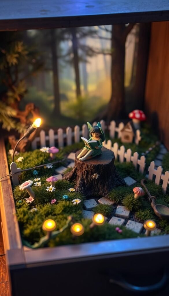 A cozy, portable fairy garden set in a repurposed vintage drawer. In the foreground, a miniature fairy figure sits atop a moss-covered stump, holding a storybook. Surrounding the fairy are delicate flowers, glowing mushrooms, and tiny lanterns. The middle ground features a miniature picket fence, a winding pathway, and a whimsical toadstool house. In the background, a lush forest with towering trees and a mystical, ethereal glow creates a sense of enchantment. Soft, warm lighting illuminates the scene, casting a magical ambiance. The overall composition evokes a sense of wonder, inviting the viewer to step into this captivating portable fairy garden and immerse themselves in the art of storytelling.