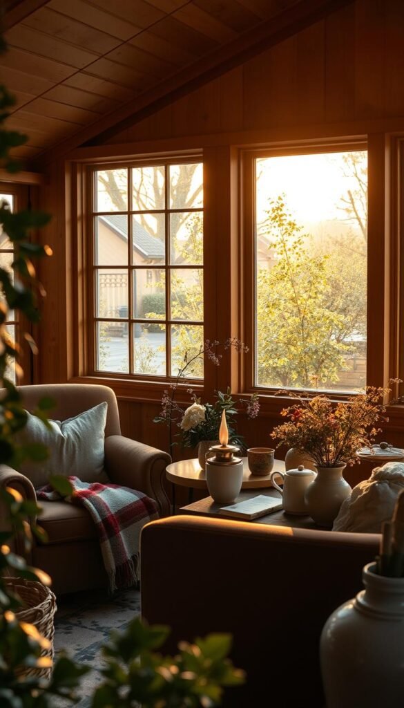 A cozy she-shed nestled in a lush garden oasis, the golden late afternoon light filtering through the windows and illuminating the warm, inviting interior. Plush velvet armchairs and a plaid wool throw invite relaxation, while a wooden side table displays a vintage-inspired reading lamp and a steaming mug of tea. Delicate floral arrangements and natural textures, like a woven basket and a smooth ceramic vase, create a serene, feminine atmosphere. The scene is framed by the garden outside, with verdant foliage and the faint silhouettes of trees visible through the shed's large windows, suggesting a peaceful retreat from the world.