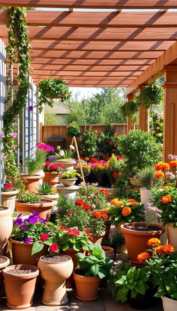 A cozy, sun-drenched patio with an array of thriving container gardens. In the foreground, a collection of varied planters, from rustic terracotta to sleek modern designs, overflow with cascading vines, vibrant blooms, and lush foliage. The middle ground reveals a harmonious mix of compact flowering plants, from delicate petunias to bold marigolds, artfully arranged to create a sense of abundance. In the background, the scene is framed by the warm, wooden slats of a pergola, casting gentle shadows and creating a serene, inviting atmosphere. The overall composition exudes a sense of tranquility and the joy of cultivating a beautiful, space-efficient garden, perfect for the article's "Embracing Container Gardening for Small Spaces" section.