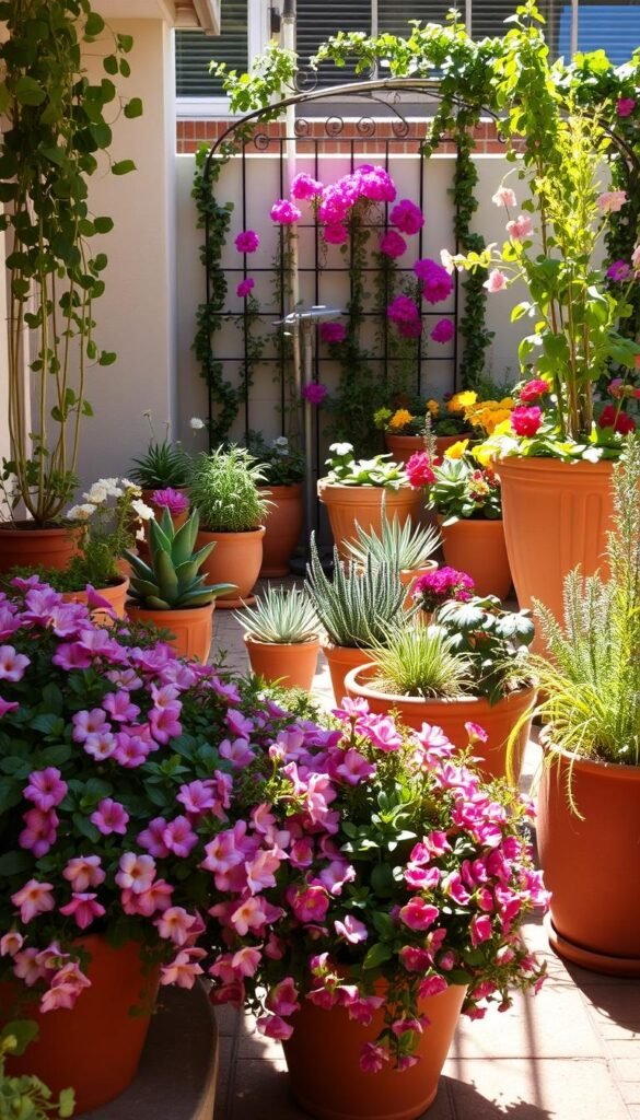 A cozy, sun-drenched patio with an array of vibrant container gardens. In the foreground, a mix of lush, cascading flowers spill over the edges of terracotta pots, their petals shimmering in the warm light. Midground, a variety of potted succulents, herbs, and trailing vines create a layered, textural display. The background features a harmonious arrangement of larger planters showcasing tall, bold blooms that draw the eye upward, framed by a wrought-iron trellis covered in verdant climbing vines. The overall scene evokes a sense of tranquility and the joyful embrace of nature, perfectly capturing the essence of transforming an outdoor space with thoughtfully curated container gardens.