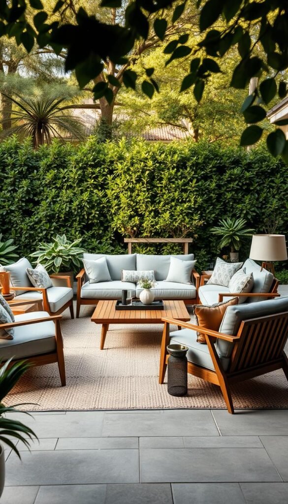 A cozy, well-appointed outdoor living space with durable, weather-resistant furniture arranged in a harmonious layout. A mid-century modern sectional sofa and armchairs in a neutral palette sit atop a plush, textured outdoor rug. Complementary accent pieces like a wooden coffee table and side tables add warmth and tactility. The scene is bathed in soft, diffused natural lighting, creating a serene, inviting ambiance. Lush, mature greenery in the background frames the arrangement, blending the indoors and outdoors for a seamless, relaxing backyard sanctuary.