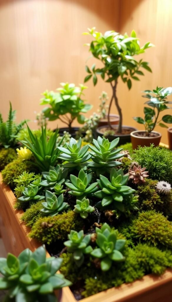 A cozy, well-designed mini garden display showcasing an assortment of lush, thriving plants in a wooden planter. The foreground features a selection of small succulents, ferns, and mosses, carefully arranged to create a harmonious composition. The middle ground includes a few larger potted plants, such as a dwarf citrus tree or a compact palm, adding height and visual interest. In the background, a backdrop of natural wood or a subtle, nature-inspired pattern complements the organic feel of the display. Soft, warm lighting illuminates the scene, casting gentle shadows and highlighting the vibrant colors of the greenery. The overall atmosphere is one of tranquility, inviting the viewer to pause and appreciate the beauty of this meticulously crafted mini garden.