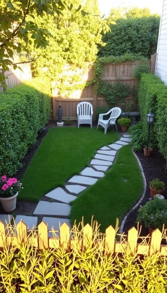 A cozy, well-designed small backyard with a lush, manicured lawn, neatly arranged flower beds, and a charming stone pathway leading to a quaint seating area. The scene is bathed in warm, golden afternoon sunlight, creating a serene and inviting atmosphere. Strategically placed shrubs and potted plants line the perimeter, providing a sense of privacy and enclosure. The overall layout showcases efficient use of limited space, with a harmonious blend of functional and decorative elements. A low fence or hedgerow frames the scene, hinting at the larger context of the garden. The image should convey a sense of thoughtful, compact design that makes the most of a modest outdoor area.