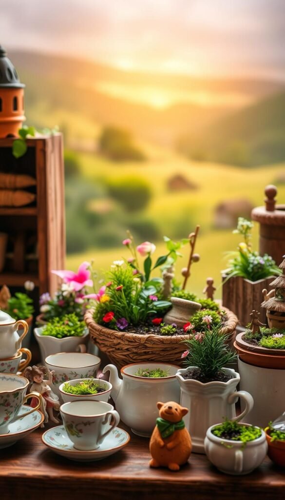 A cozy, well-lit fairy garden display showcasing an assortment of whimsical container options. In the foreground, a collection of vintage teacups, antique ceramic pots, and rustic wooden planters are arranged harmoniously. The middle ground features a mix of lush greenery, colorful flowers, and miniature fairy figurines, creating a sense of enchantment. The background softly fades into a dreamy, out-of-focus landscape, with a warm, golden glow illuminating the scene. The overall composition evokes a sense of wonder and inspiration, inviting the viewer to imagine the endless possibilities for creating their own magical fairy garden.