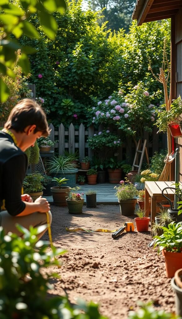 A cozy, well-lit garden setting showcasing a person thoughtfully assessing the available space. The foreground features a person kneeling down, intently examining the soil and foliage, with a measuring tape in hand. The middle ground displays a selection of potted plants, gardening tools, and a small bench or seating area. The background depicts a lush, verdant backdrop of flowering shrubs, trees, and a glimpse of a charming garden fence or wall. The lighting is soft and natural, casting warm, inviting shadows that accentuate the textures and colors of the scene. The atmosphere conveys a sense of tranquility, inspiration, and the potential for a thriving, personalized small garden space.