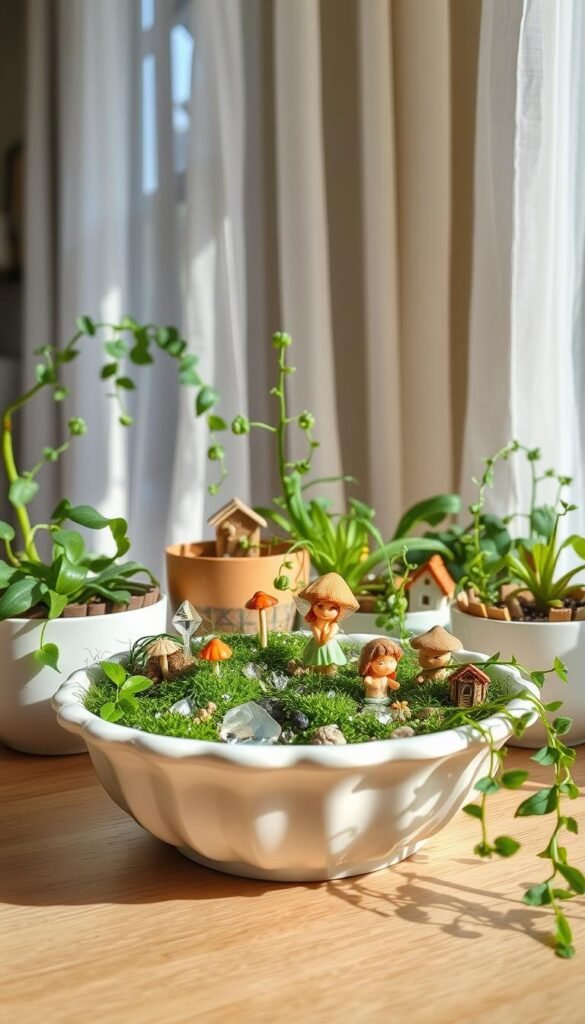 A cozy, well-lit indoor fairy garden nestled in a charming ceramic dish. The foreground features a lush miniature landscape with delicate fairy figurines, whimsical mushrooms, and sparkling crystals. The middle ground showcases an array of verdant potted plants, trailing vines, and tiny fairy houses. In the background, soft natural lighting filters through airy curtains, creating a serene, enchanted atmosphere. The composition evokes a sense of magic, creativity, and harmony, inviting the viewer to step into this enchanting domestic oasis.