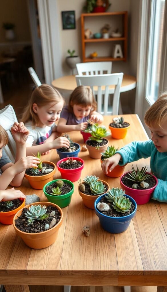 A cozy, well-lit indoor setting with a table and chairs. On the table, several children enthusiastically working on their own succulent dish gardens, using colorful pots, soil, and an assortment of thriving succulents. The children's faces are filled with concentration and delight as they carefully arrange the plants, adding small decorative elements like stones or figurines. The overall atmosphere is warm, inviting, and family-oriented, reflecting the joy of creating these low-maintenance, living projects together.