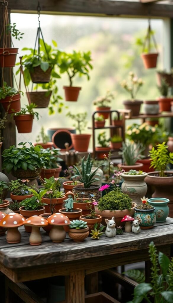 A cozy, well-lit miniature garden display featuring an assortment of charming containers in various shapes, sizes, and materials. In the foreground, a collection of small ceramic pots, terracotta planters, and whimsical mushroom-shaped holders sit atop a weathered wooden table, overflowing with lush greenery, delicate flowers, and fanciful fairy figurines. The middle ground showcases a mix of hanging baskets, wall-mounted planters, and tiered stands, creating a sense of depth and dimension. In the background, a softly blurred natural setting, with a gentle breeze rustling the leaves of potted trees and shrubs, provides a serene, enchanting backdrop. The overall scene evokes a sense of enchantment, inviting the viewer to imagine a miniature wonderland come to life.