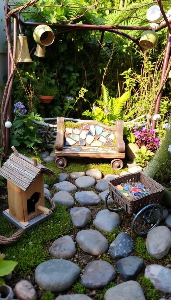 A cozy, whimsical fairy garden filled with repurposed materials. In the foreground, a miniature birdhouse crafted from a wooden spool and twigs. Beside it, a tiny wagon made from an old bottle cap and wire wheels. In the middle, a pathway of smooth river stones leads to a mossy log bench, its seat adorned with a colorful mosaic of broken ceramic shards. In the background, a trellis of recycled metal frames a lush, overgrown landscape of ferns, wildflowers, and trailing vines. Soft, warm lighting filters through the scene, creating a enchanting, mystical atmosphere.