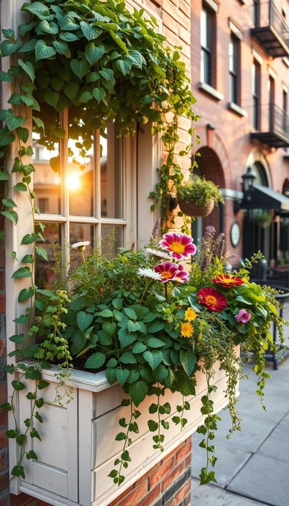 A cozy window box filled with an array of lush, verdant plants cascading over the sides, basking in the warm, golden afternoon light that filters through the glass pane. The foreground showcases a mix of trailing vines, bright flowers, and fragrant herbs, creating a vibrant, overflowing display. In the middle ground, the wooden window box is painted in a soft, neutral tone, complementing the natural tones of the greenery. The background features a picturesque urban streetscape, with charming brick facades and wrought-iron details, evoking a sense of quaint, neighborhood charm. The overall composition exudes a welcoming, inviting atmosphere, capturing the essence of window box gardening as a way to enhance curb appeal and bring nature into small urban spaces.