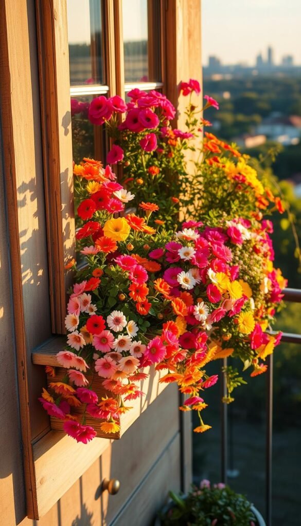 A cozy window box overflowing with a lush, colorful assortment of flowers, cascading over the edges of a small, quaint balcony or patio. The scene is bathed in warm, golden afternoon light, casting a gentle glow on the vibrant petals and greenery. The window box is made of weathered, natural wood, adding a rustic charm to the composition. In the background, a faint cityscape or glimpse of greenery suggests a urban or suburban setting, creating a sense of tranquility within the small, intimate space. The overall mood is one of cheerful, inviting coziness, perfectly capturing the essence of brightening up a limited outdoor area with container gardening.