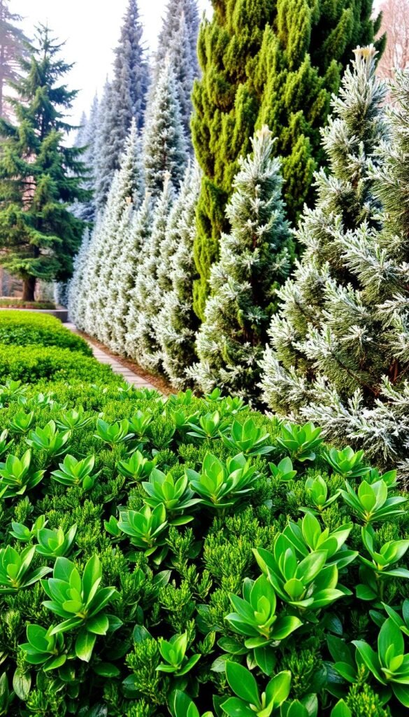 A cozy winter garden filled with lush, vibrant evergreen plants. In the foreground, a cluster of bushy boxwood shrubs, their glossy, deep green leaves glistening under soft, warm lighting. Behind them, a majestic fir tree stands tall, its dense, emerald boughs creating a natural, elegant backdrop. In the middle ground, a row of towering, snow-dusted cedar trees sway gently, their feathery foliage providing a sense of movement and depth. In the distance, a glimpse of a stone pathway leads the eye through the serene, frost-kissed landscape, inviting the viewer to step inside this tranquil, verdant oasis. The overall mood is one of natural beauty, coziness, and a celebration of the resilience of evergreen plants in the winter season.