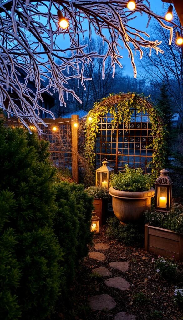 A cozy winter garden scene bathed in the warm glow of string lights. In the foreground, delicate icicle-covered branches create a magical canopy overhead, while frost-resistant evergreen shrubs and perennials line the gently winding path. The middle ground features a collection of weathered wooden planters filled with vibrant greenery, accented by the soft light of lanterns. In the background, a wrought-iron garden trellis is draped with cascading vines, its intricate silhouette standing out against the dusky evening sky. The overall atmosphere is one of intimate enchantment, inviting the viewer to wander and linger in this peaceful, illuminated oasis.