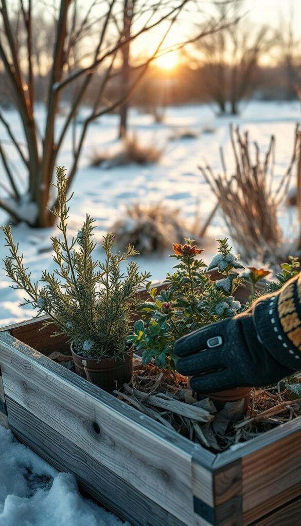 A cozy wintertime scene showcasing the proper care and overwintering techniques for a variety of hardy herbs. In the foreground, a wooden garden box filled with rosemary, thyme, and mint plants, their leaves gently dusted with a light layer of frost. Midground, a gardener's gloved hands tenderly mulching the soil around the plant bases with dried leaves and straw, providing insulation against the cold. In the background, a snowy landscape with bare trees and a warm, golden glow from a low winter sun, casting long shadows across the scene. Soft, diffused lighting illuminates the peaceful, contemplative mood as the gardener tends to their overwintering herbs.